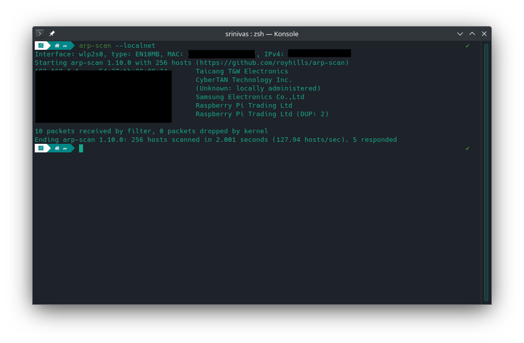 Terminal running arp-scan --localnet and listing the five devices that responded, two of them from Raspberry Pi Trading Ltd