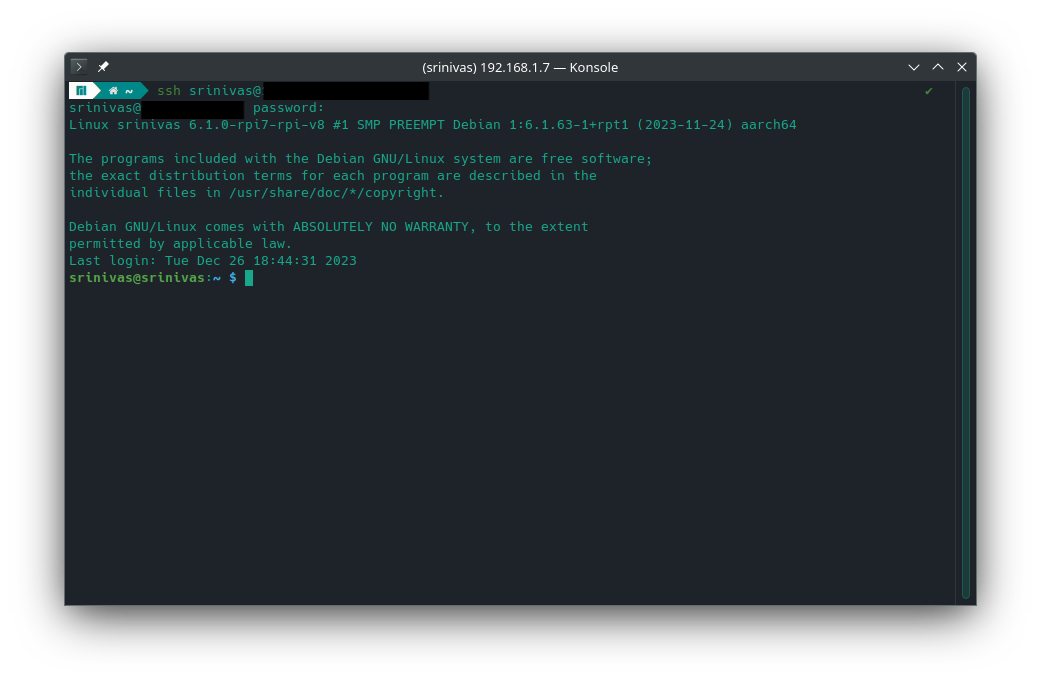 Terminal showing a successful SSH login to the Raspberry Pi