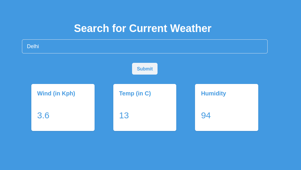 The weather app showing wind speed, temperature and humidity for Delhi