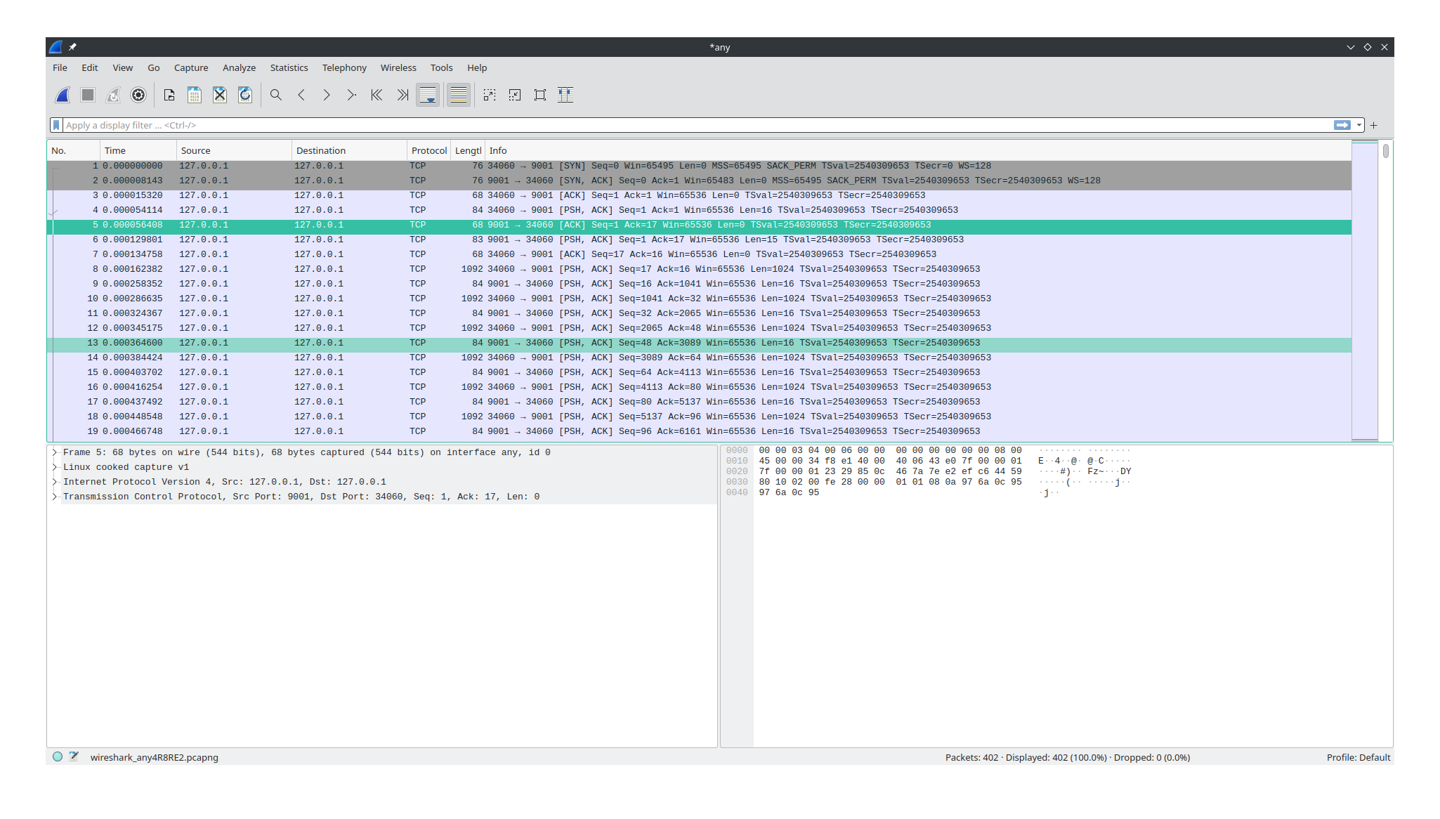 Wireshark listing every packet captured while the client sends the file to the server