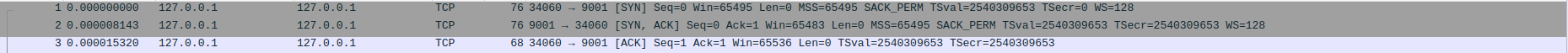 The first three captured frames in Wireshark: the TCP three-way handshake