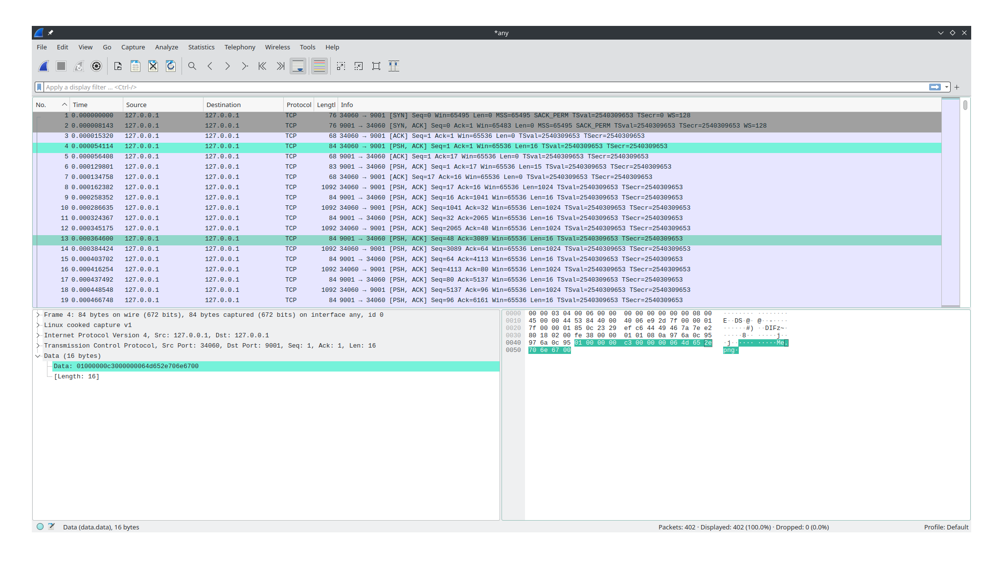 Wireshark showing the header frame with the file name Me.png in its contents