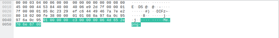 Hex dump of the header frame with the header bytes highlighted, ending in the file name Me.png